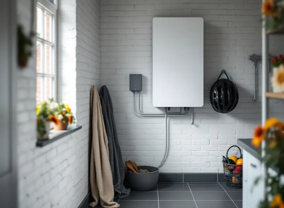 Een witte wandkast van een thuisbatterij met een klein grijs kastje ernaast in een opgeruimde berging met witte bakstenen muren