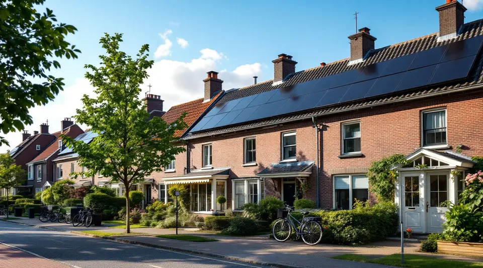 Een straat met bakstenen rijtjeshuizen in de zomerzon, met zwarte zonnepanelen op bijna elk dak en fietsen langs de stoep