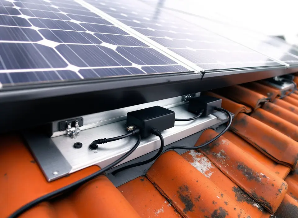 Kleine zwarte kastjes op de montagerail onder zonnepanelen op een oranje pannendak, met korte zwarte kabels