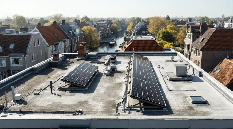 Een plat dak van een appartementengebouw met rijen schuin opgestelde zonnepanelen op stellages, met daken en een gracht op de achtergrond