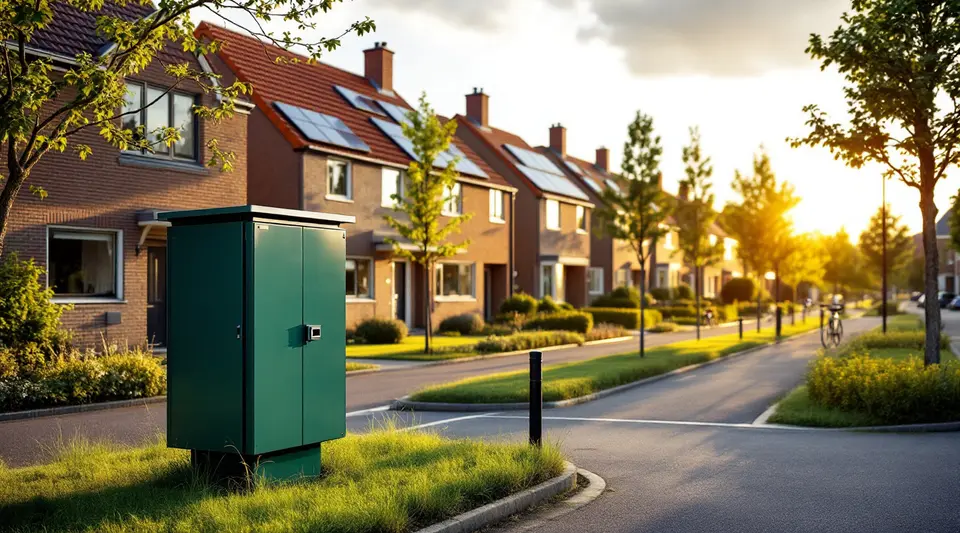 Een groene verdeelkast van het elektriciteitsnet op een grasstrook in een nieuwbouwwijk, met zonnepanelen op de daken in de laagstaande zon