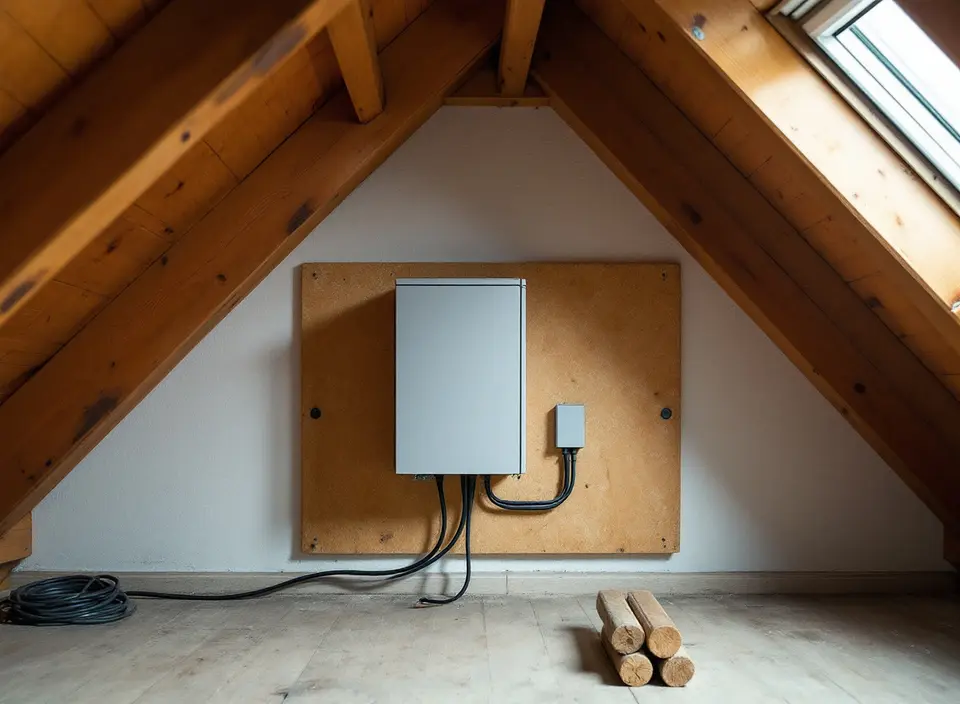 Een lichtgrijze kast met koelribben aan een houten plaat op een zolder onder schuine spanten, met zwarte kabels naar het dak